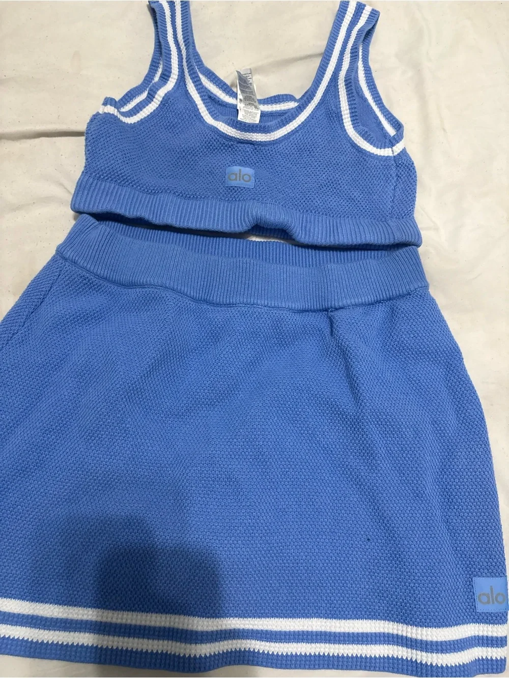 ALO Yoga Blue Knit Skirt Set with White Trim